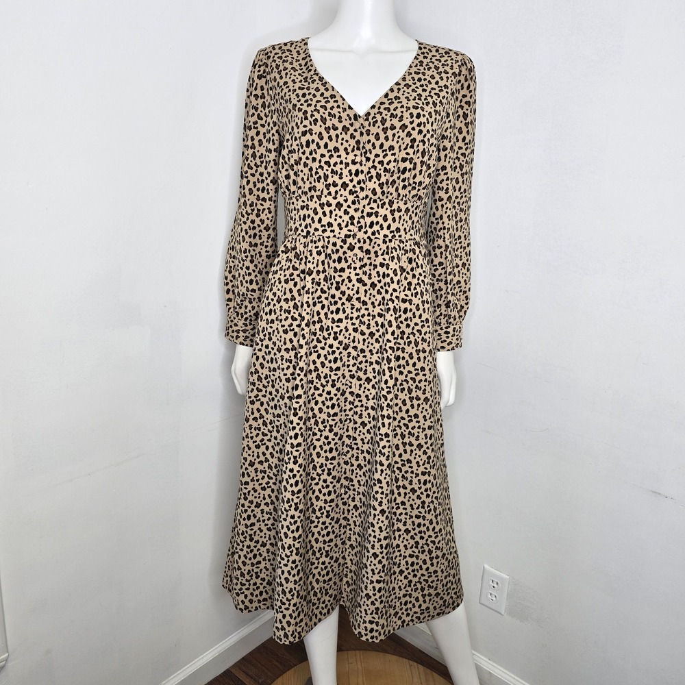 J Crew Button Front Leopard Print Dress Midi A-Line Pockets Long Sleeve Size 8